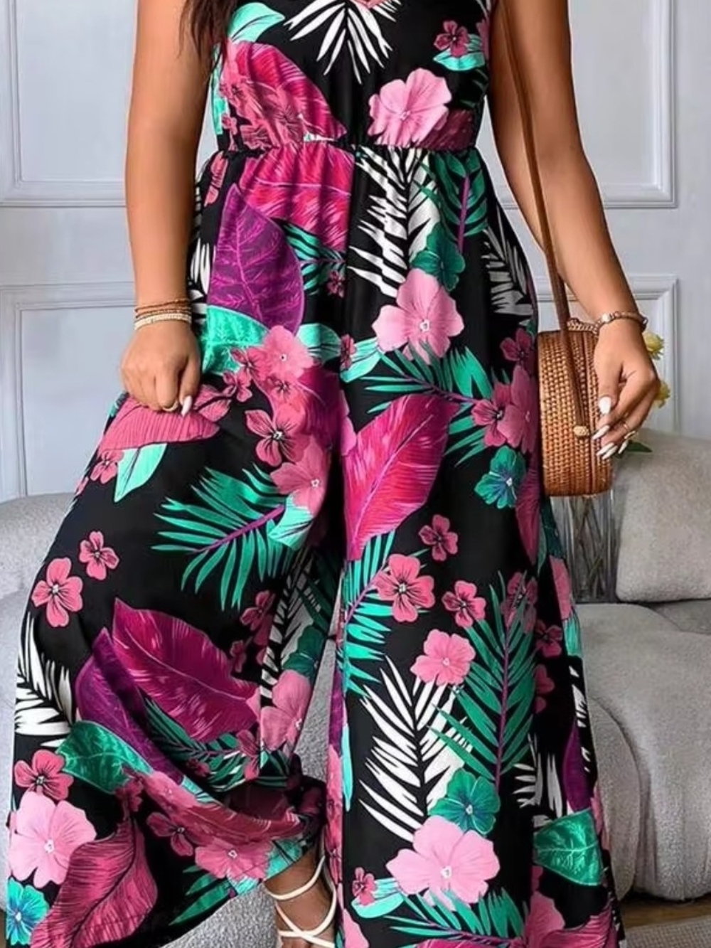 SHEIN Curve Tropical Floral Print Cami Wide-Leg Jumpsuit - 1XL